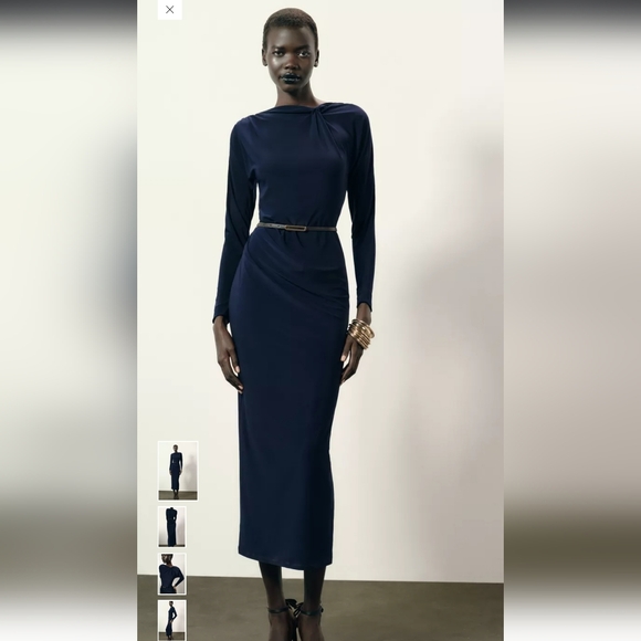Zara Dresses & Skirts - Zara Midnight Blue Belted Midi Dress